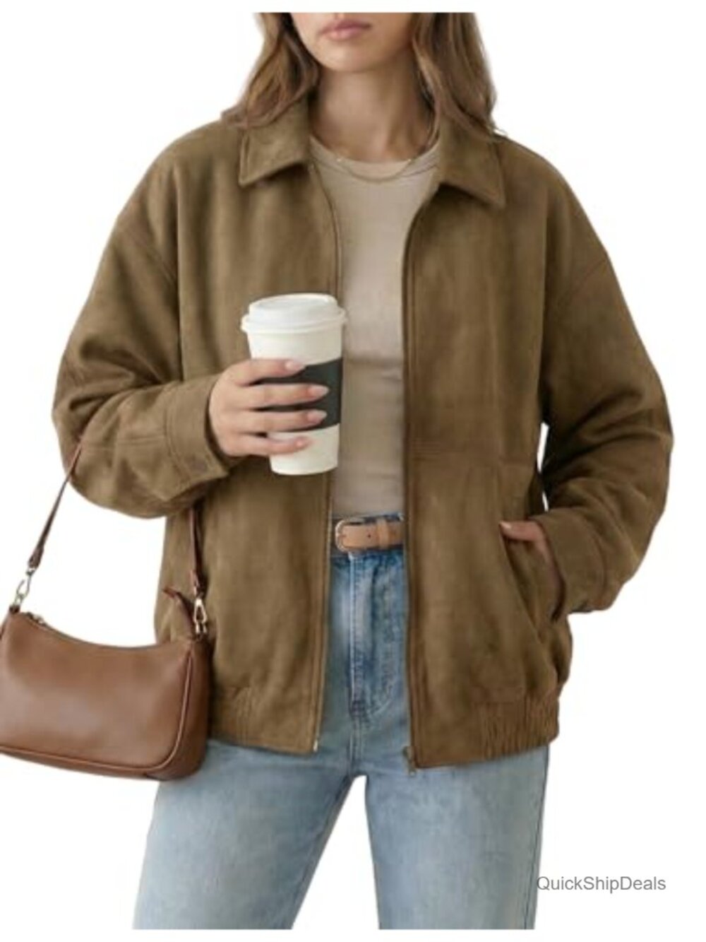 Faux Suede Jacket Oversized Zip Up Long Sleeve Bomber Coat with Pockets